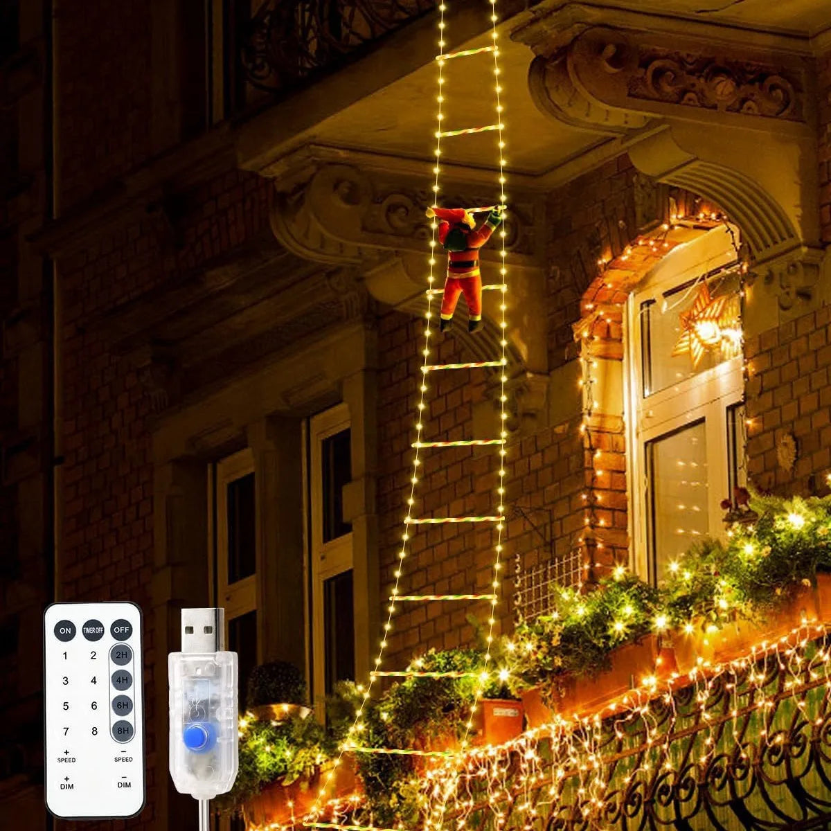 Père Noël LED grimpant – Échelle lumineuse 1,5/3 m