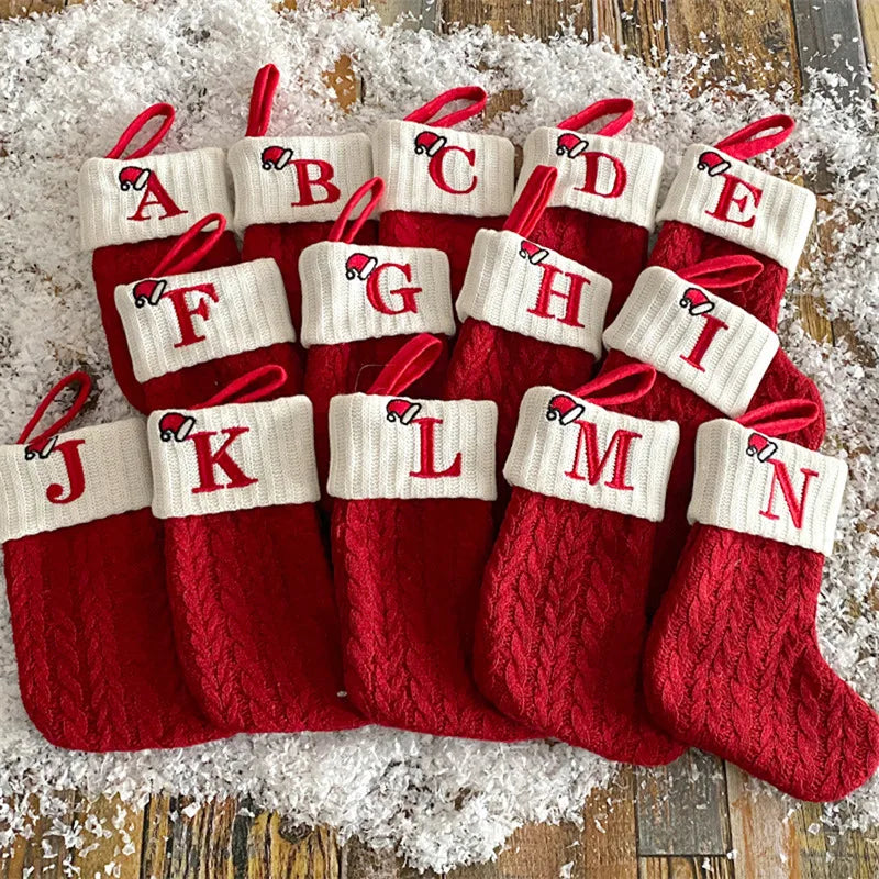 Chaussette de Noël avec lettre, flocon, déco sapin
